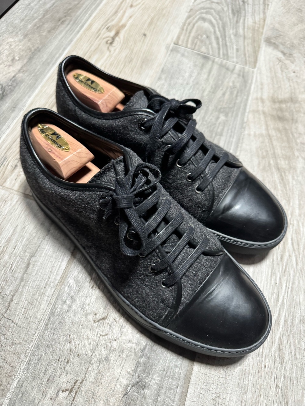 Men's Lanvin - Black Felt & Leather Cap-Toe Sneakers